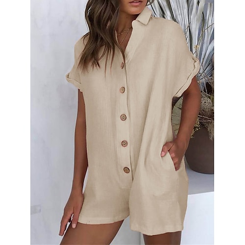 

Combishort Femme Bouton Couleur unie Col de Chemise Vacances du quotidien Vacances Standard Manche Courte Noir S Eté