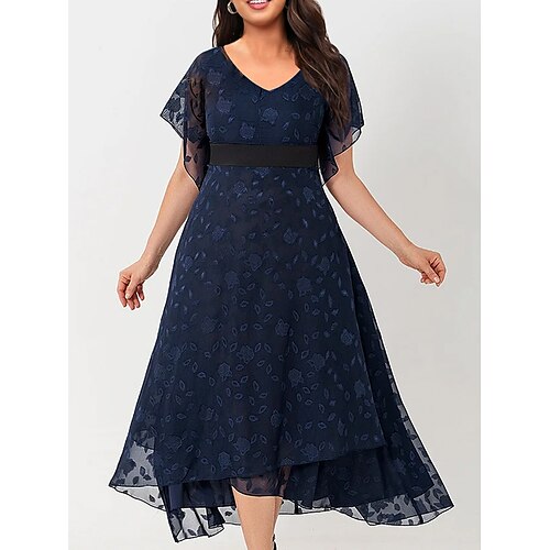 

abito casual da donna taglie forti abito in chiffon lusinghiero una linea abito midi floreale maglia a maniche corte con scollo a V elegante moda blu navy abito estivo primaverile