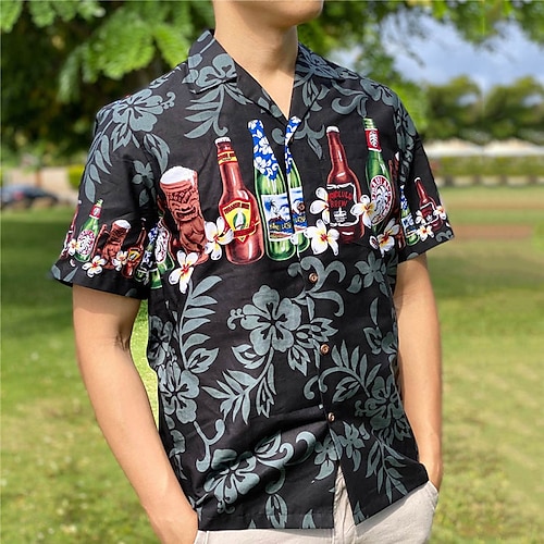 

Hombre Camisa camisa hawaiana Floral Estampados Cerveza Collar Cubano Negro Casual Hawaiano Manga Corta Abotonar Estampado Ropa Deportes Moda Ropa de calle Design