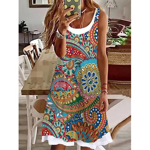 

Dame Afslappet påklædning Tank Top Kjole Sommerkjole Blomstret Paisley falske to stykker Trykt mønster Rund hals Mini kjole Aktiv Mode udendørs Daglig Uden ærmer Løstsiddende Blå Sommer Forår S M L
