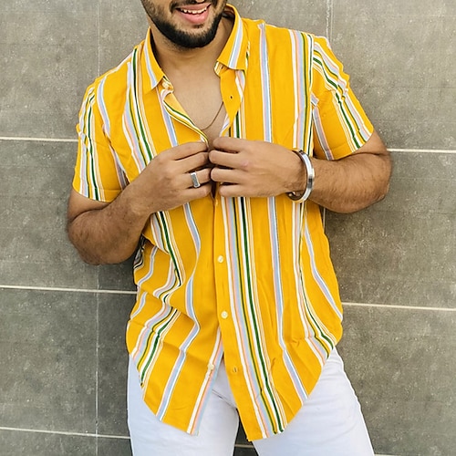

Herre Skjorte Button Up skjorte Sommer skjorte Casual skjorte Gul Kortærmet Stribet Aftæpning Daglig Ferierejse Trykt mønster Tøj Mode Afslappet Bekvem