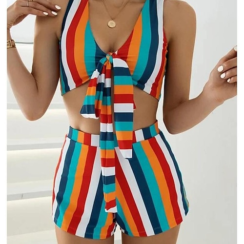 

2 pcs Costumi da bagno Bikini Retrò vintage Anni '80 Per donna A strisce Poliestere Arancione Reggiseni Pantaloncini