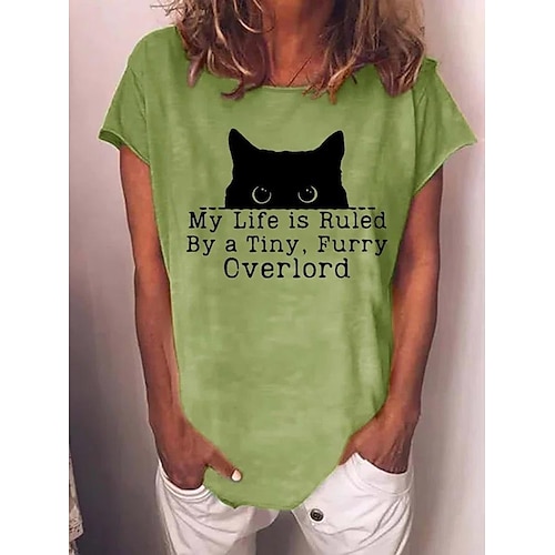 

Mujer Camiseta Blanco Rojo Azul Piscina Gato Texto Estampado Manga Corta Diario Fin de semana Básico Gracioso Escote Redondo Regular Gato Pintura S