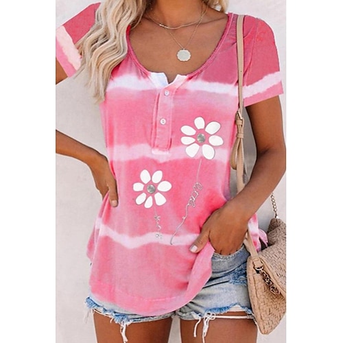 

Mulheres Camiseta Rosa Caqui Cinzento Floral Botão Imprimir Manga Curta Feriado Final de semana Básico Decote Redondo Padrão Tema Flores Pintura S