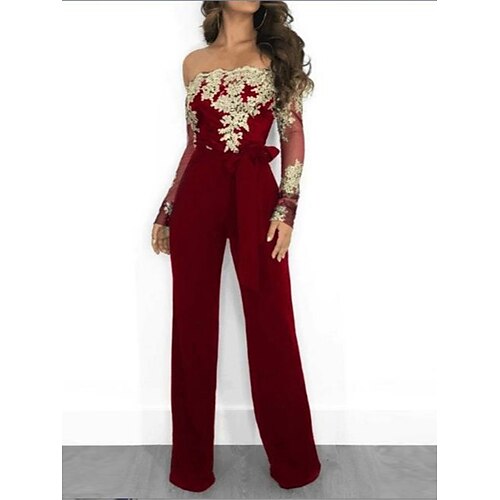 

Damen Jumpsuit mit Schnürung Spitze Blumen Schulterfrei Elegant Ausgefallene Party Cocktailparty Regular Fit Langarm Wein Blau XS S M L Sommer