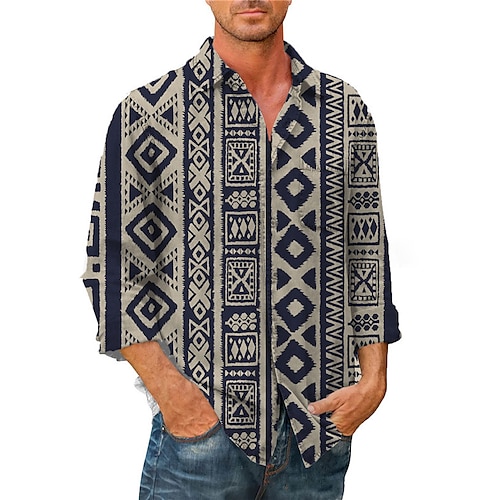 

Homme Chemise Tribal Imprimés Photos Rétro Vintage Géométrie Col rabattu Kaki Plein Air Casual manche longue Bouton bas Imprimer Vêtement Tenue Mode Vêtement de rue Design Flexible