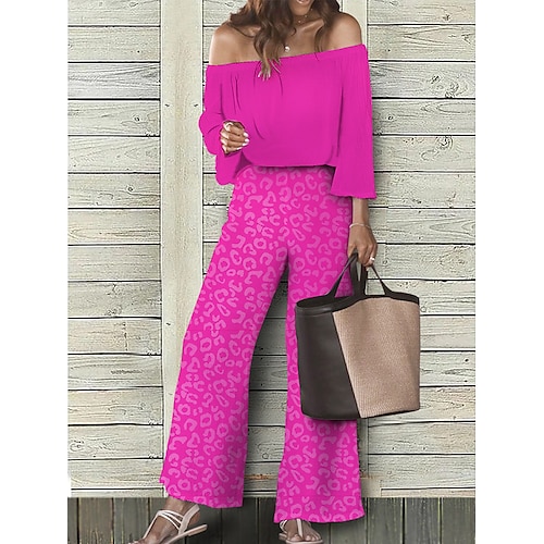 

Mujer Mono Retazos Alta cintura Leopardo Hombros Caídos Elegante Noche Fin de semana Holgado Manga 3/4 Rosa XS S M Verano