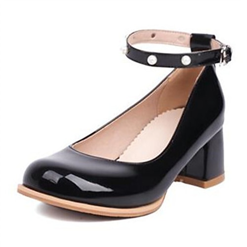 

Women's Heels Ankle Strap Heels Daily Chunky Heel Round Toe Elegant Patent Leather Ankle Strap Solid Color Black White Pink