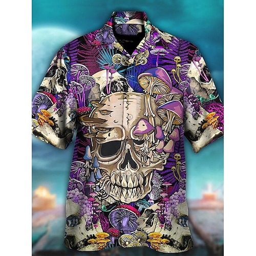 

Homme Chemise Chemise hawaïenne Crânes Imprimés Photos Champignon Collier cubain Violet Casual Hawaïen Manche Courte Imprimer Vêtement Tenue Sportif Mode Vêtement de rue Design