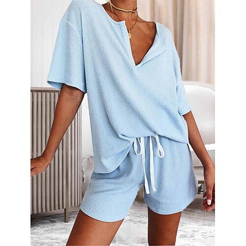 

Dame lounge Sett Ren farge Mote Fritid Gate Stevnemøte Flyplass Polyester Pustende Crew-hals Kortermet T skjorte Shorts Elastisk midje Sommer Vår Blå Fuksia