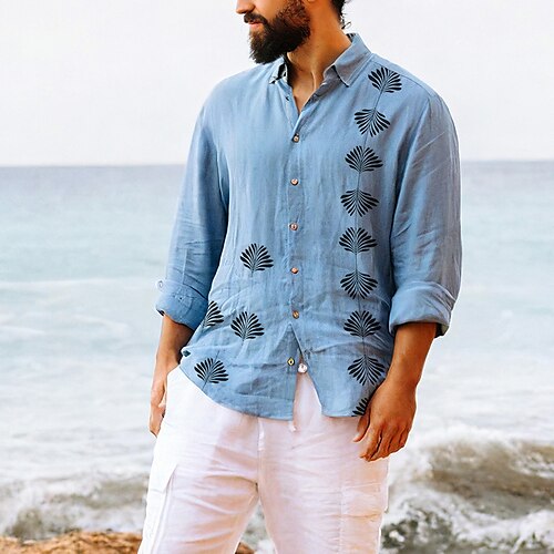 

Per uomo camicia di lino Camicia estiva Camicia da spiaggia Bianco Blu Cachi Manica lunga A foglia Collo ripiegabile Primavera estate Informale Giornaliero Abbigliamento Stampa