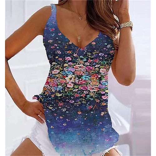 

Mujer Camiseta sin mangas Negro Blanco Azul Marino Floral Estampado Sin Mangas Casual Festivos Básico Escote en Pico Regular Flor S