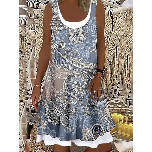 

Dame Uformell kjole Tankkjole Sommerkjole Blomstret Paisly falske to stykker Trykt mønster Crew-hals Mini kjole Aktiv Mote utendørs Daglig Ermeløs Løstsittende Blå Grønn Sommer Vår S M L XL XXL