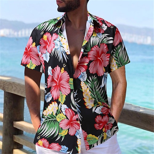 

Men's Shirt Summer Hawaiian Shirt Floral Graphic Prints Cuban Collar Black White Casual Holiday Short Sleeve Button-Down Print Clothing Apparel Sports Fashion Streetwear Designer