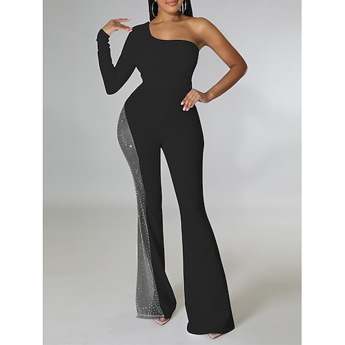 

Women's Jumpsuit Patchwork High Waist Solid Color One Shoulder Streetwear Party Cocktail Party Regular Fit Long Sleeve Black Red S M L Summer