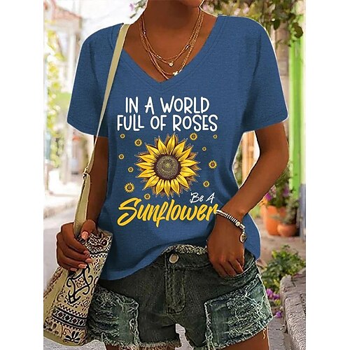 

Damen T Shirt Schwarz Weiß Blau Bühnenlicht vielfarbig Text Bedruckt Kurzarm Festtage Wochenende Basic V Ausschnitt Standard Blume Farbe S