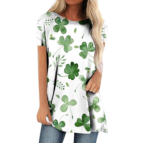 

Damen T Shirt Gras-Grün Weiß Hellgrün Blatt St. Patricks Day Bedruckt Kurzarm Festtage Wochenende Tuniken Rundhalsausschnitt Lang Blume Farbe S