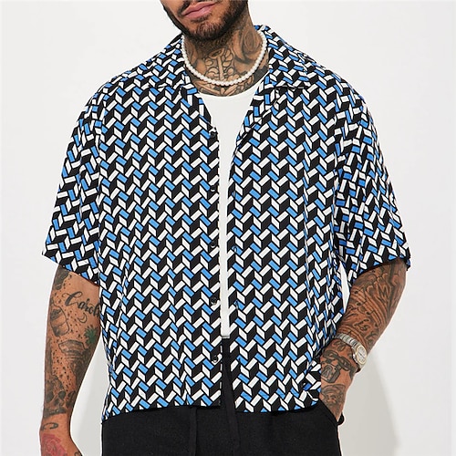 

Men's Shirt Summer Hawaiian Shirt Optical Illusion Graphic Prints Cuban Collar Blue Casual Holiday Short Sleeve Button-Down Print Clothing Apparel Sports Fashion Streetwear Designer