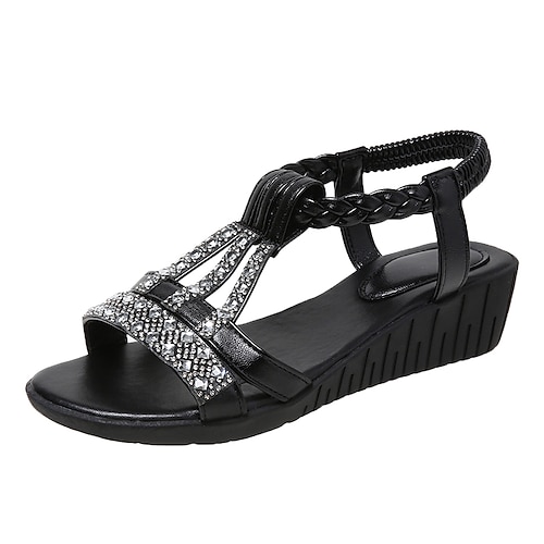 

Women's Sandals Wedge Sandals Plus Size Outdoor Daily Walking Summer Rhinestone Wedge Heel Peep Toe Vintage Elegant Casual Faux Leather Elastic Band Color Block Black Gold