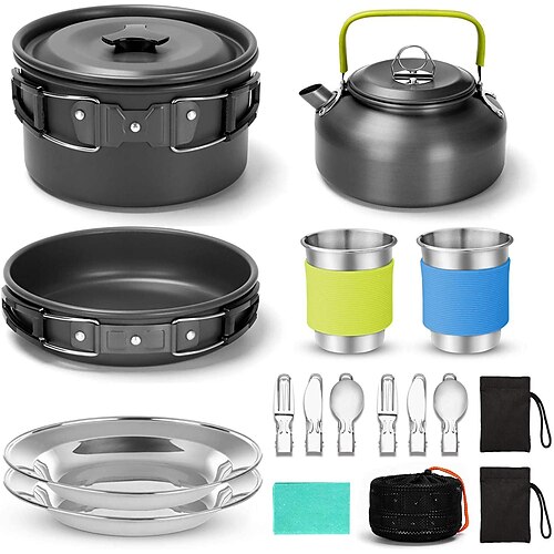 

Juego de utensilios de cocina para acampar de 15 piezas, juego de ollas antiadherentes y livianas con tazas de acero inoxidable, platos, tenedores, cuchillos, cucharas para acampar, mochileros, cocinar al aire libre y hacer picnic