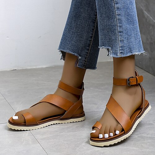 

Women's Sandals Flat Sandals Plus Size Outdoor Daily Flat Heel Open Toe Elegant Casual Minimalism Faux Leather Buckle Solid Color Black Brown Grey