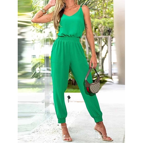 

Damen Jumpsuit Rückenfrei Feste Farbe V Ausschnitt Strassenmode Elegant Strasse Täglich Regular Fit Ärmellos Grün S M L XL Sommer