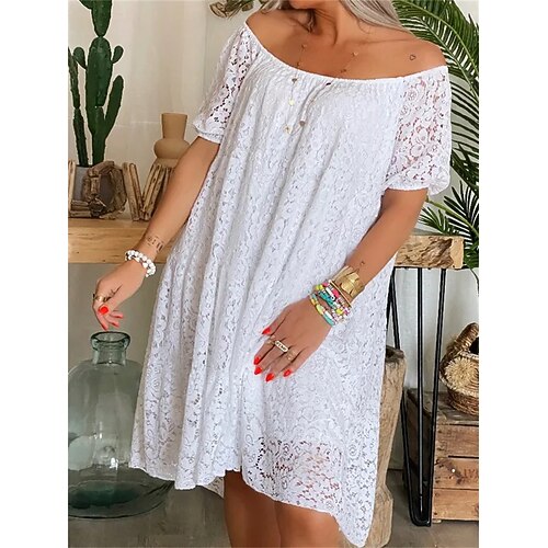 

abito casual taglie forti da donna in pizzo con spalle scoperte abito bianco tinta unita abito midi manica corta moda abito bianco primavera estate quotidiano