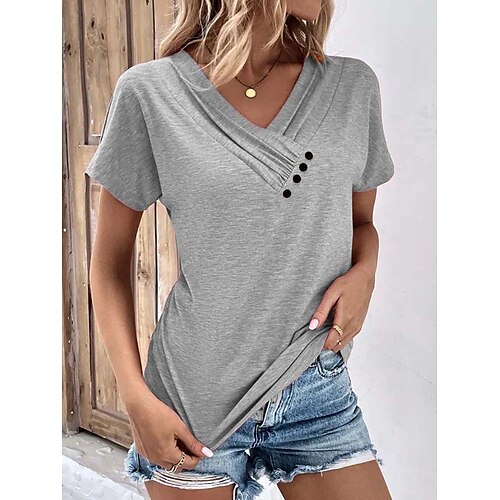 

T shirt Tee Femme Noir Rose Claire Bleu Ciel Plein Bouton Manche Courte du quotidien Fin de semaine basique Col V Normal Standard S