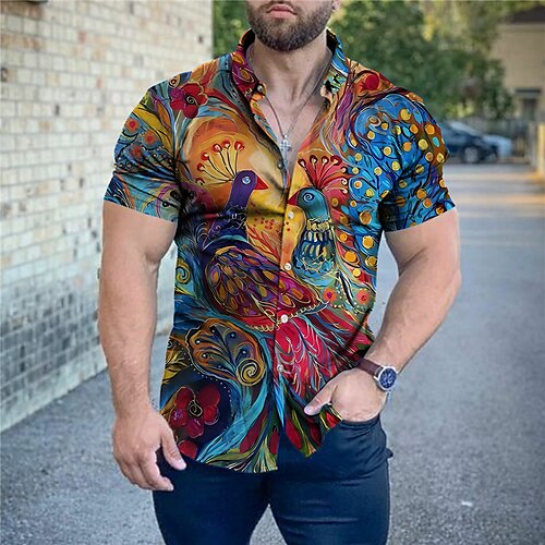 

Homens Camisa Social Animal Pavão Estampas Abstratas Aberto para a Lateral Rosa Azul Marinha Azul Verde Ao ar livre Rua Manga Curta Imprimir Roupa Moda Roupa de rua Designer Macia