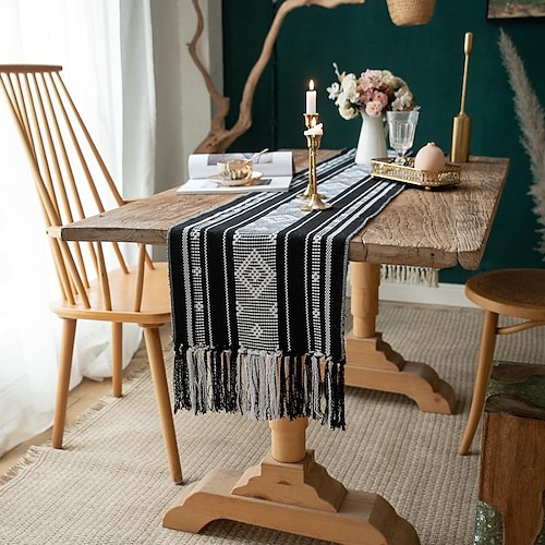 

tablerunner ferme printemps chemin de table à manger coton lin boho table drapeau décor avec glands, décorations de table pour les repas weddig fête vacances