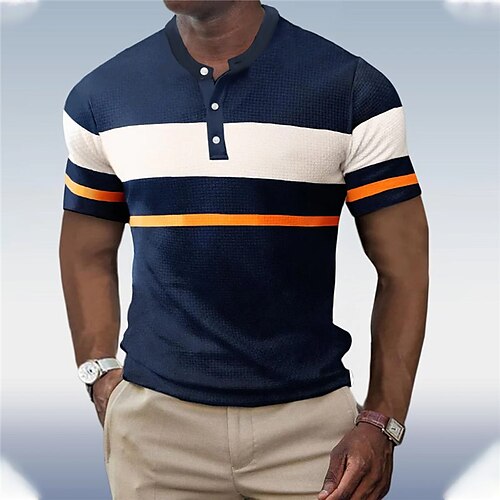 

Herre Vaffel Henley skjorte Farveblok Henley Tøj 3D-udskrivning udendørs Daglig Kortærmet Knap Mode Designer Basale