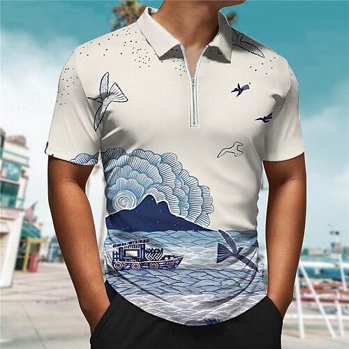 

Herre POLO T-skjorte Zip Polo Golf skjorte Grafiske trykk Bølger Aftæpning Blå Beige utendørs Gate Kort Erme Glidelås Trykt mønster Klær Mote Designer Fritid Pustende
