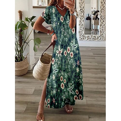 

Dame Lang kjole Maxikjole Uformell kjole Print kjole Blomstret Mote Gatemote utendørs Daglig Ut på byen Delt Trykt mønster Kortermet V-hals Kjole Normal Blå Mørkegrønn Grønn Sommer Vår S M L XL XXL