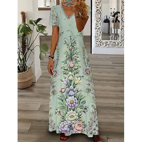 

Dame Lang kjole Maxikjole Uformell kjole Sommerkjole Print kjole Blomstret Mote Fritid Daglig Ferie Ut på byen Blonde Trykt mønster Kortermet V-hals Kjole Normal Lysegrønn Sommer Vår S M L XL XXL