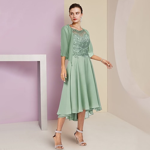 

Spezzato Linea-A Abito da cerimonia per signora Formale Invitati del matrimonio Elegante Orlo asimmetrico Girocollo Asimmetrico Lunghezza tè Chiffon Di pizzo Mezza manica Stola inclusa con Perline