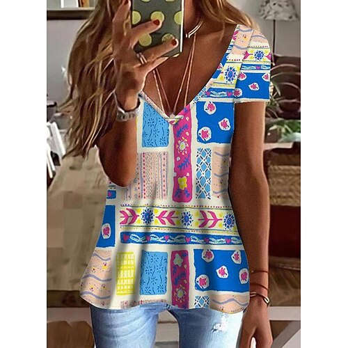 

T shirt Tee Femme Jaune Rose Claire Bleu Graphic Imprimer Manche Courte du quotidien Fin de semaine basique Col V Normal Standard Peinture S