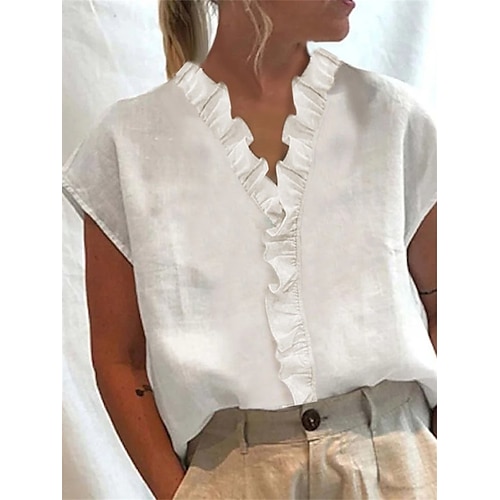 

Women's Shirt Blouse White Plain Ruffle Short Sleeve Casual Weekend Basic V Neck Regular S