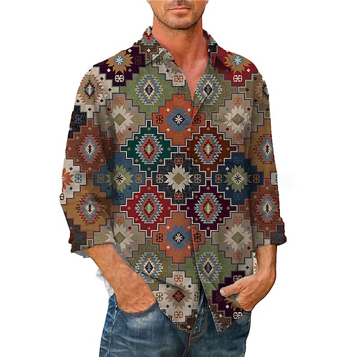 

Hombre Camisa Tribal Estampados Cosecha Cuello Vuelto Verde Trébol Calle Casual Manga Larga Abotonar Estampado Ropa Moda Ropa de calle Design Suave