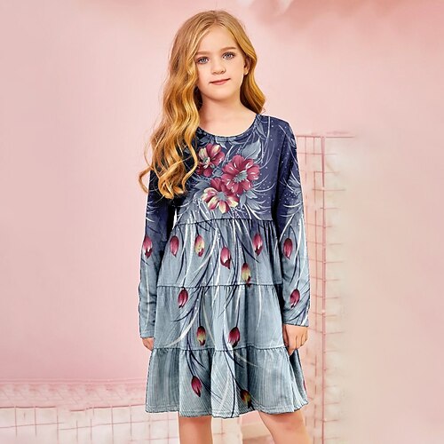 

Bambino Da ragazza Vestito Floreale Abito linea A Al ginocchio Vestito Informale Girocollo Manica lunga Giornaliero Vestito 4-12 anni Estate Blu Verde