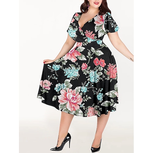 

Dame Store størrelser Uformell kjole Blomstret Midikjole Kortermet Trykt mønster V-hals Romantikk Stevnemøte Svart Blå Sommer Vår L XL XXL 3XL 4XL