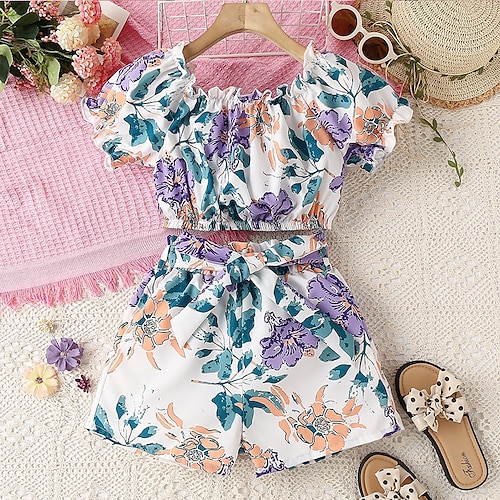 

2 pezzi Bambino (1-4 anni) Da ragazza Floreale Tuta in pantaloncini Impostato Manica corta Di tendenza Scuola 3-7 anni Estate Viola