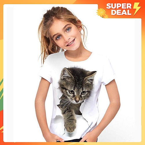 

T-shirt Tee-shirts Fille Enfants Manches Courtes Chat Graphique Animal Arc-en-ciel Enfants Hauts Actif Le style mignon 3-12 ans