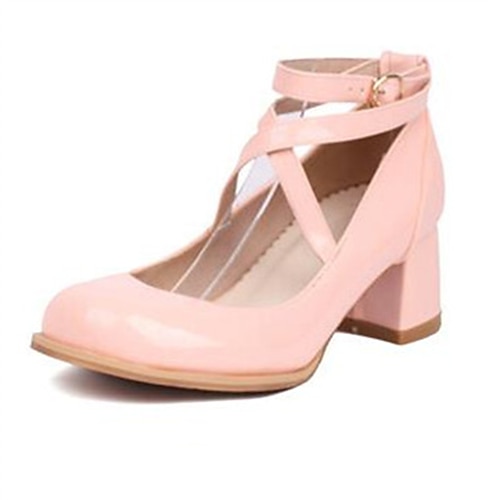 

Women's Heels Cross Strap Heels Daily Chunky Heel Round Toe Cute Patent Leather Cross Strap Solid Color Black White Pink