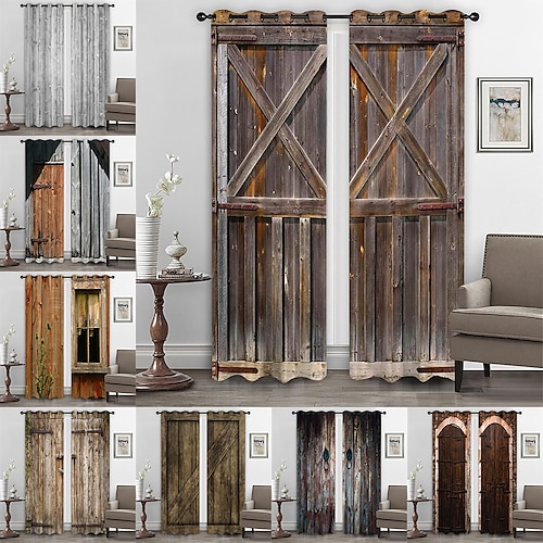 

Farmhouse Curtain 2 Panels,Barn Wood Door Curtain Drapes For Living Room Bedroom,Grommet/Eyelet Curtain for Kitchen Door Window Treatments Room Darkening