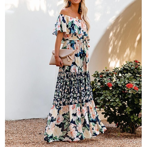 Mexican Dress for Women Off-Shoulder Ruffle Floral Print Summer Party  Casual Maxi Dresses Ladies Beach Sundress 2024 - €31.99