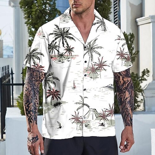 

Men's Shirt Summer Hawaiian Shirt Coconut Tree Graphic Prints Cuban Collar White Casual Hawaiian Short Sleeve Print Clothing Apparel Sports Fashion Streetwear Designer