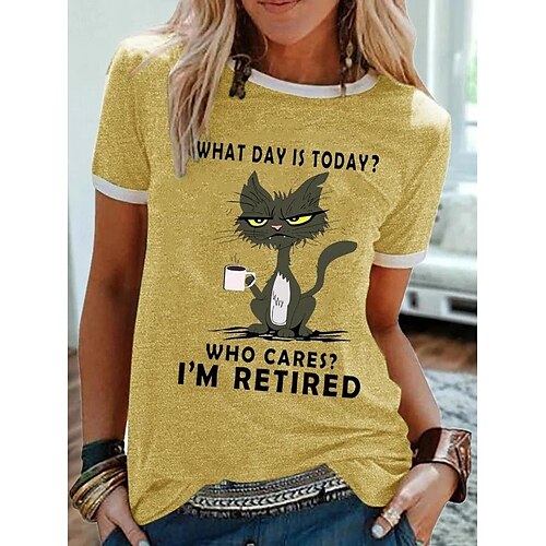 

T shirt Tee Femme Blanche Jaune Bleu Chat Lettre Imprimer Manche Courte du quotidien Fin de semaine basique Col Rond Normal Standard Chat Peinture S