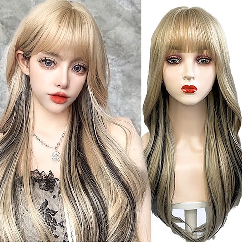 

sort mix blonde parykker til kvinder lange bølgede parykker med pandehår mix sort syntetisk varmebestandigt hår paryk naturlig på udkig efter halloween cosplay paryk brug