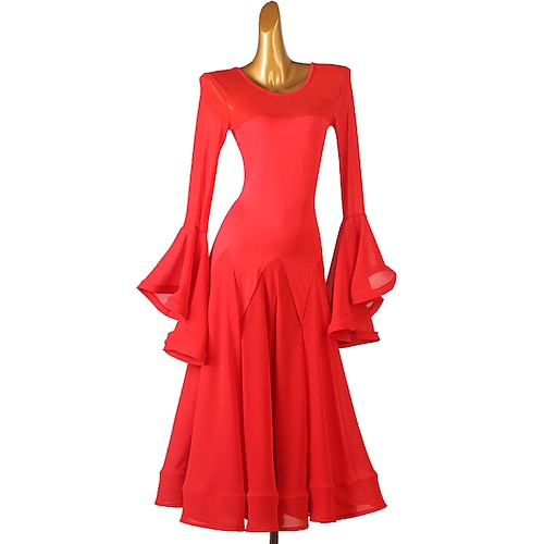 

Ballroom-dans Kjole Ren Farge Tvinning Dame Ytelse Trening Langermet Høy Chiffon Chinlon