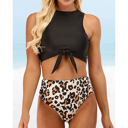 

Damen Badeanzug Bikinis Normal Bademode 2 Teile Print Leopard Schwarz Weiß Badeanzüge Sport Strandbekleidung Sommer